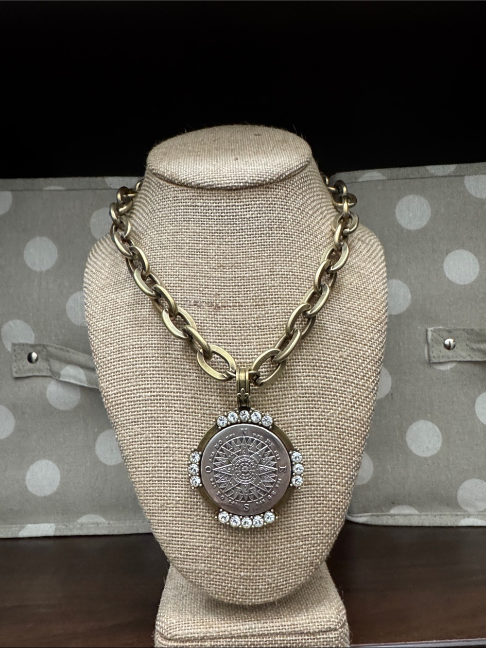 Brass and silver Compass Medallion Necklace with Crystal Accents